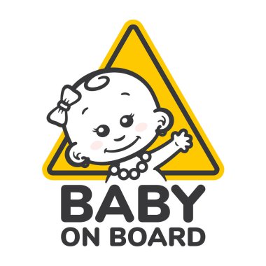 Sarı üçgen işareti, el sallayan kız ve mesaj. İzole edilmiş beyaz arkaplan.