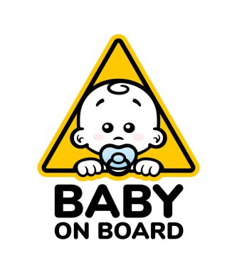 Sarı üçgen şeklinde şirin ve emzik ve mesajlı küçük çocuk başlıklı vektör işareti. İzole edilmiş beyaz arkaplan.