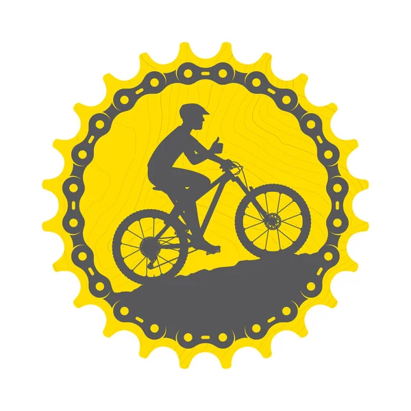 stock vector Vector yellow circular emblem, bicycle chain ring and chain and silhouette of a cyclist riding a bicycle. Isolated on white bacground