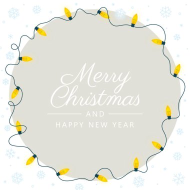 Vector Christmas Circle şablon kartı üzerinde sarı Noel ışıkları ve kar taneleri var. Metin: Mutlu Noeller ve Mutlu yıllar.