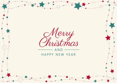 Noel süslü A4 şablon kartı. Yıldızlar, daireler. Metin: Mutlu Noeller ve Mutlu yıllar.