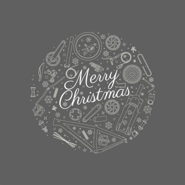 Bisikletin parçalarından yapılmış vektör Noel ampulü. Metin: Mutlu Noeller.