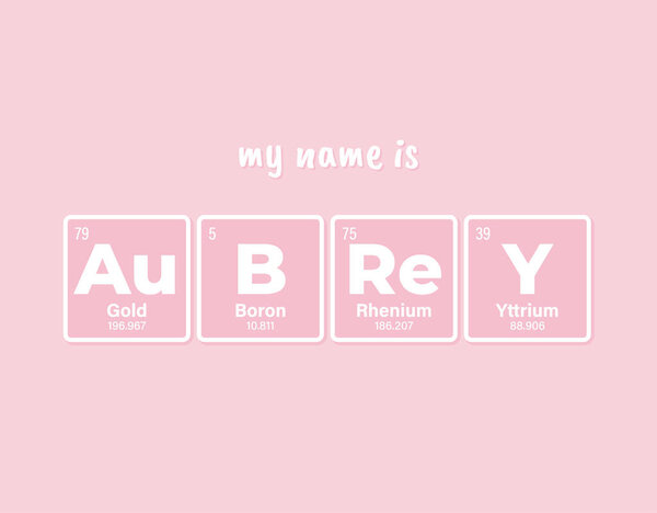 Vector inscription name AUBREY composed of individual elements of the periodic table. Text: My name is. Purple background