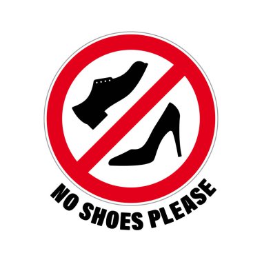 Vector red circular sign symbolizing the prohibition of wearing shoes. Text: No shoes Please. Isolated on white background clipart