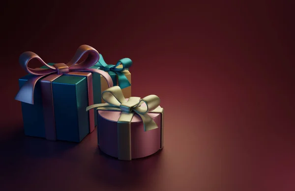 Auf Einem Warmen Hintergrund Befinden Sich Farbige Geschenkboxen Mit Schleifen — Stockfoto