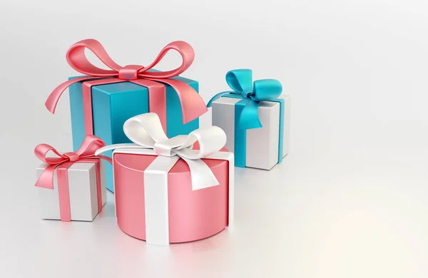 Auf Weißem Hintergrund Sind Rosa Blau Und Weiße Geschenkboxen Mit — Stockfoto