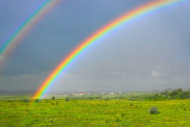 Bright double rainbow rising from a meadow with dark rain clouds in the nature background