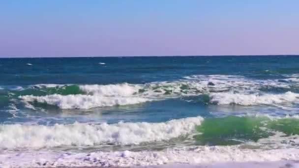Seascape Foaming Waves Roll Shore Sunny Day Cloudless Sky — Stockvideo