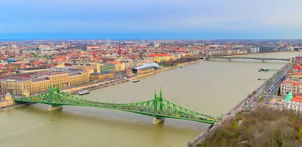 Jaro Budapešť Panorama Panorama Města Soumrak Dunaj Mosty Přes Řeku — Stock fotografie