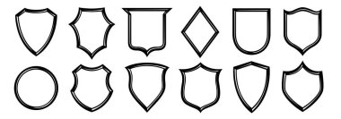 Rozet şekilleri. Kalkanlar ayarlandı. Yama şablonu, farklı nişan rozetleri arka planlar ve klasik etiket çerçeve vektörü seti. Güvenlik ya da acil servis yamaları, koruyucu kalkan izole kolleksiyon ağı