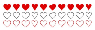 Çeşitli kalp şekilleri. Kırmızı renk kalp ikonları vektör belirler, 15 kalp ağ için farklı şekillerde toplanır. Minimal düz katı kalp. Basit bir taslak, ince bir vuruş. Fırça darbesi kalp şekilleri.