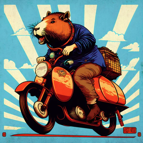 Guinea Pig Capybara Riding Retro Motorcycle Stock Photo