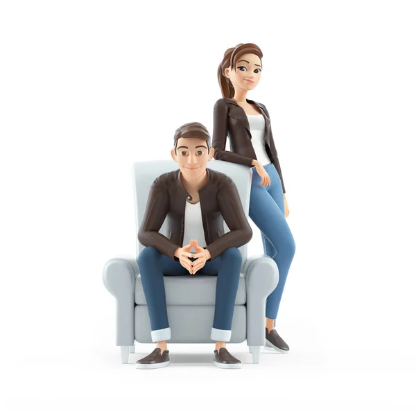 3D卡通男坐在扶手椅上 女人们站在他旁边 用白色背景作比喻 — 图库照片