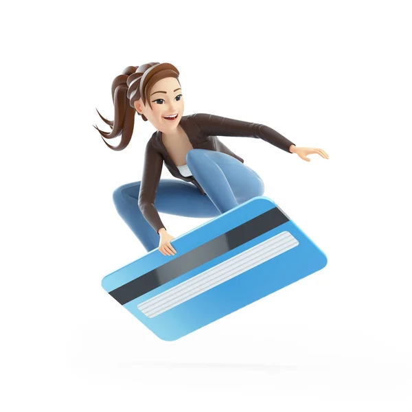 Karikatura Žena Surfování Kreditní Kartě Ilustrace Izolované Bílém Pozadí — Stock fotografie