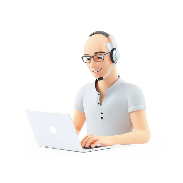 Senior Man Met Headset Werken Laptop Illustratie Geïsoleerd Witte Achtergrond — Stockfoto