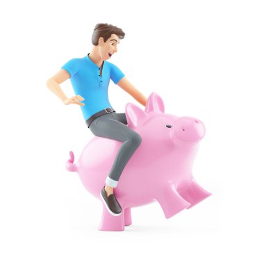 3D adam domuz kumbarasına biniyor, resim beyaz arka planda izole edilmiş.
