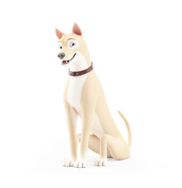 Yerde oturan 3D karikatür köpeği, beyaz arka planda izole edilmiş illüstrasyon.