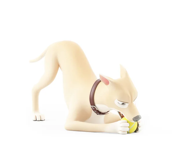 Desenho Animado Cão Mordendo Bola Chão Ilustração Isolada Fundo Branco — Fotografia de Stock