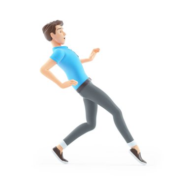 Parmak uçlarında yürüyen 3D adam beyaz arka planda izole edilmiş.