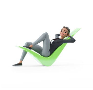 3d character woman lying down on check mark, illustration isolated on white background