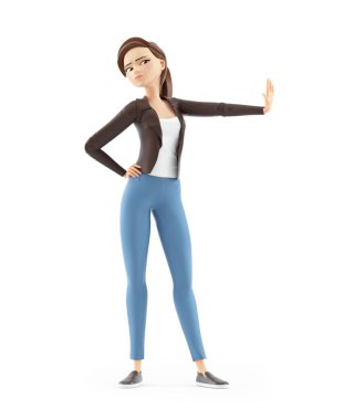 3d cartoon woman stop gesture with hand, illustration isolated on white background