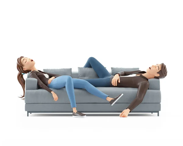 3d cartoon man and woman sleeping on sofa, illustration isolated on white background