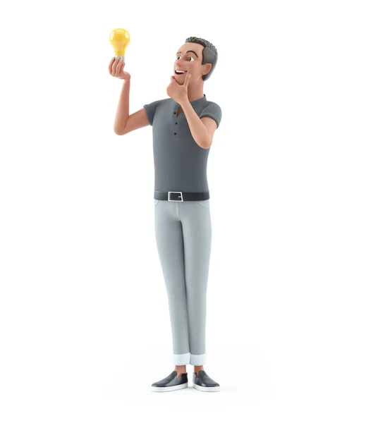 Character Man Looking Light Bulb Illustration Isolated White Background — Stock Photo, Image