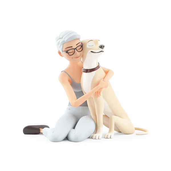 Sênior Mulher Abraçando Seu Cão Chão Ilustração Isolada Fundo Branco — Fotografia de Stock