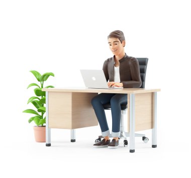 Ofiste dizüstü bilgisayarda çalışan 3D karikatürcü, beyaz arka planda izole edilmiş bir illüstrasyon