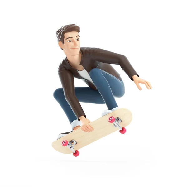 Uomo Cartone Animato Saltando Skateboard Illustrazione Isolata Sfondo Bianco — Foto Stock