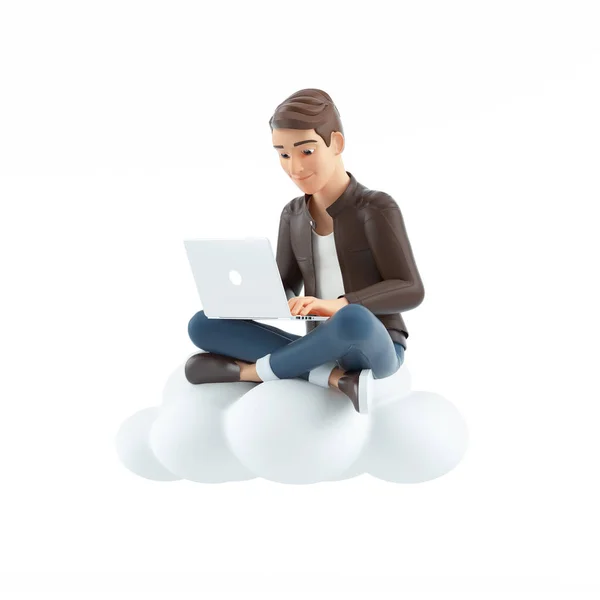 Cartoon Homem Sentado Nuvem Usando Laptop Ilustração Isolada Fundo Branco — Fotografia de Stock