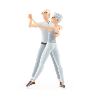 3D kıdemli erkek ve kadın dans valsi, resim beyaz arka planda izole edilmiş.