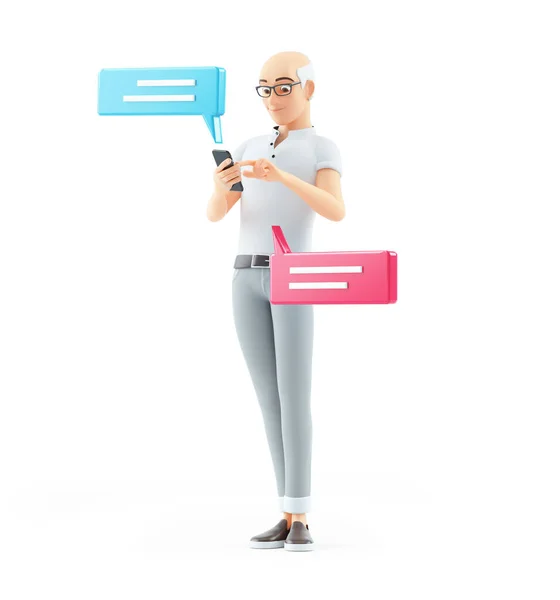 Homem Sênior Enviando Mensagens Texto Com Smartphone Ilustração Isolada Fundo — Fotografia de Stock