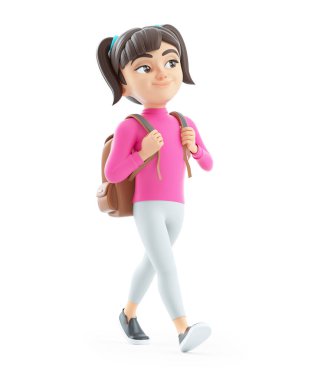 3D mutlu kız okula gidiyor, resim beyaz arka planda izole edilmiş.