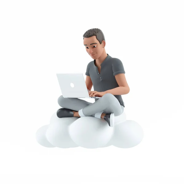 Hombre Personaje Sentado Nube Uso Ordenador Portátil Ilustración Aislada Sobre —  Fotos de Stock