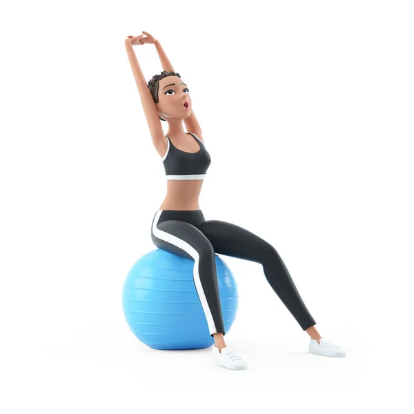 Sporty Character Woman Sitting Fitness Ball Doing Stretching Exercise Illustration — Stock Photo, Image