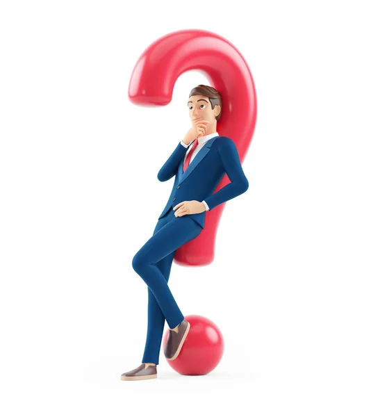 3d cartoon businessman leaning under question mark, illustration isolated on white background