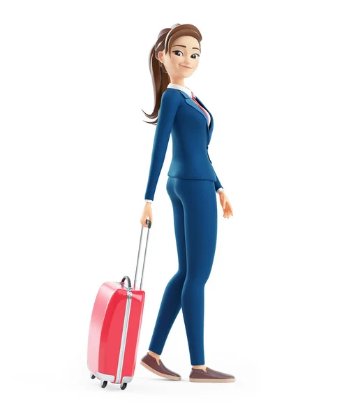 3D卡通女商人提着旅行箱行走 白色背景上孤立的图解 — 图库照片