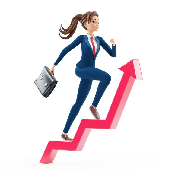 Cartoon Businesswoman Briefcase Running Growing Arrow Illustration Isolated White Background — Stock Photo, Image
