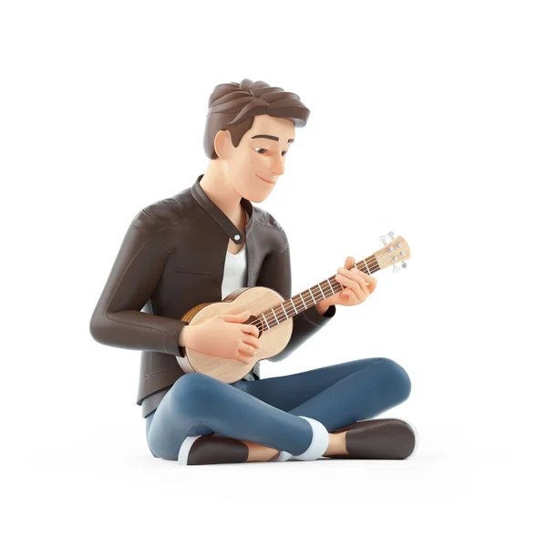 Hombre Dibujos Animados Tocando Guitarra Sentado Suelo Ilustración Aislada Sobre — Foto de Stock