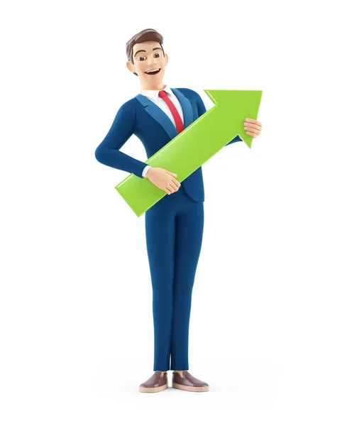 緑の矢印を保持する3D漫画のビジネスマン 白い背景に隔離されたイラスト — ストック写真