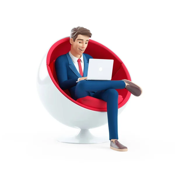 Cartoon Empresário Sentado Cadeira Esférica Com Laptop Ilustração Isolada Fundo — Fotografia de Stock