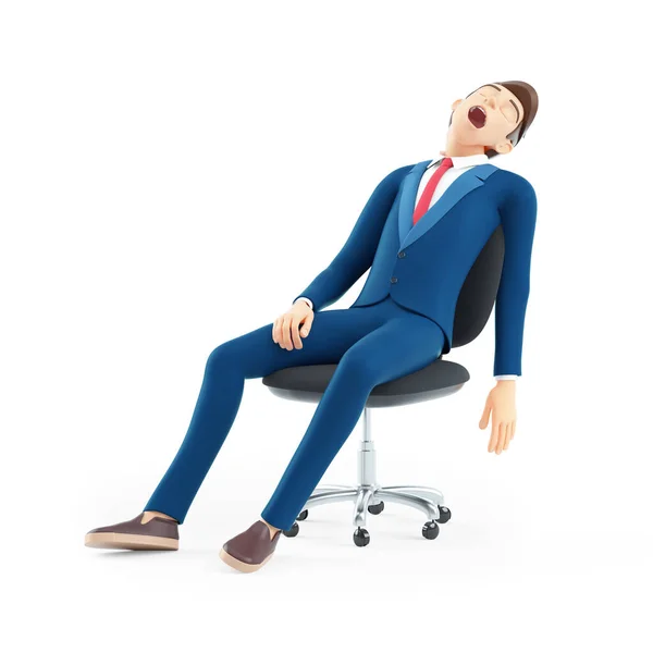 3D卡通片商人睡在办公椅上 以白色背景作为孤立的例证 — 图库照片