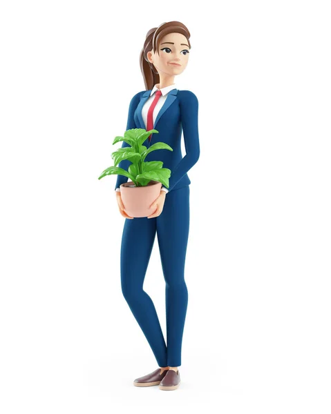 Tecknad Affärskvinna Bär Krukväxter Illustration Isolerad Vit Bakgrund — Stockfoto