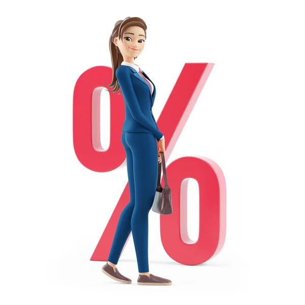 3D漫画女商人前面的百分之一的标志 说明孤立的白色背景 — 图库照片
