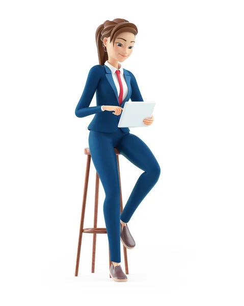 Mujer Negocios Dibujos Animados Sentado Taburete Con Tableta Ilustración Aislada — Foto de Stock