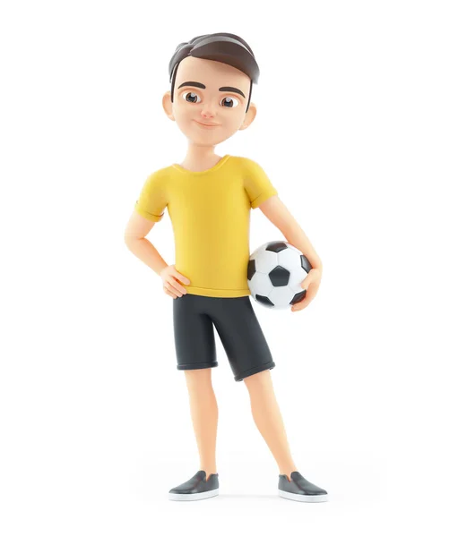3D少年立ってサッカーボールを保持 白い背景に隔離されたイラスト — ストック写真