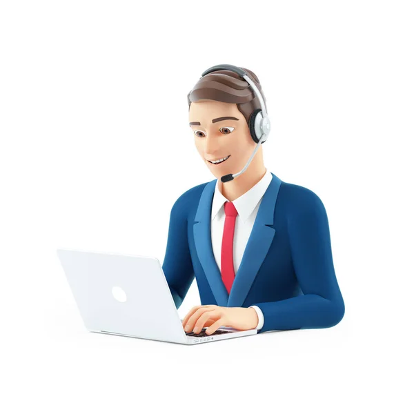 Cartoon Businessman Headset Working Laptop Illustration Isolated White Background — Stock Photo, Image