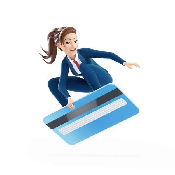 Cartoon Zakenvrouw Surfen Credit Card Illustratie Geïsoleerd Witte Achtergrond — Stockfoto
