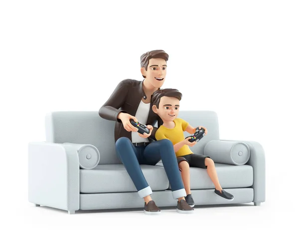 3d cartoon man playing video game with his son, illustration isolated on white background